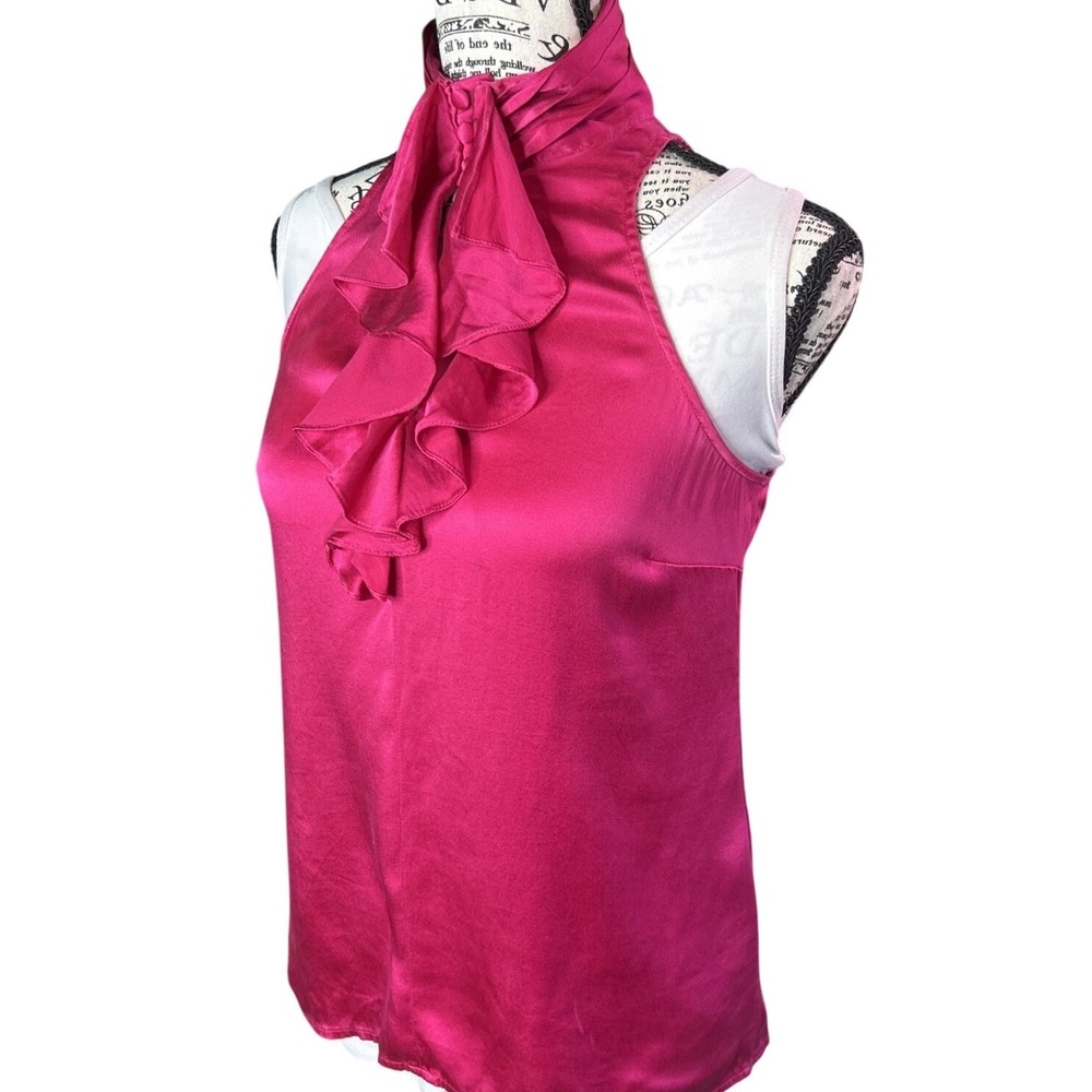 Vtg Express Silk Blend Blouse XS Pink Ruffle Sleeveless Y2K Satin Barbie Baddie